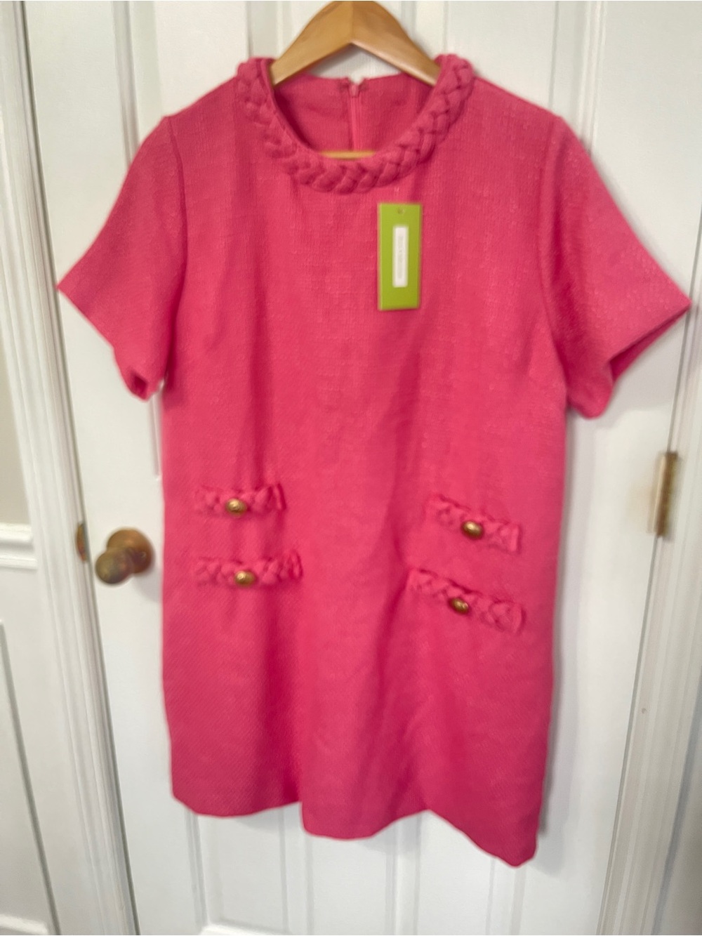 Pink Tweed Jackie Dress Large Braided Trim Mini Shift Gold Button - Picture 7 of 9